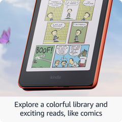 Amazon Kindle Colorsoft Kids color display makes covers and stories vivid during indoor reading.