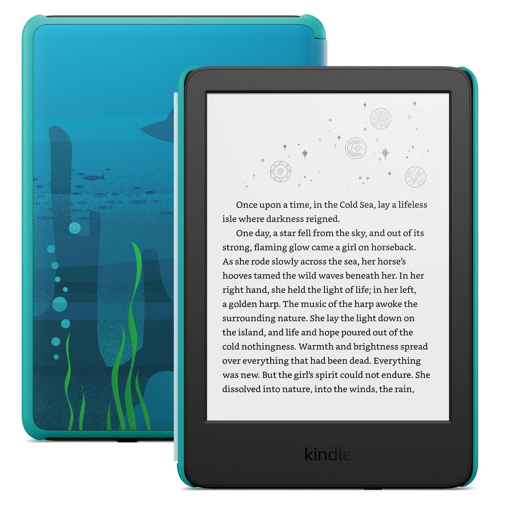 Amazon Kindle Kids Ocean Explorer front view with glare-free display for comfortable reading.