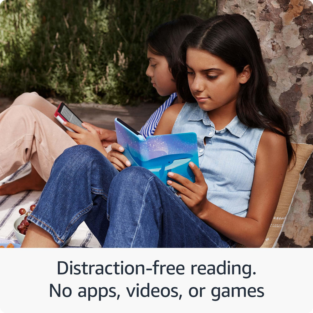 Amazon Kindle Kids Ocean Explorer screen shows Kids+ access and content controls.