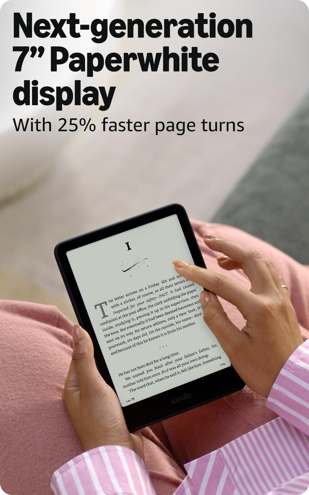 Amazon Kindle Paperwhite high-contrast screen for crisp text in sunlight.