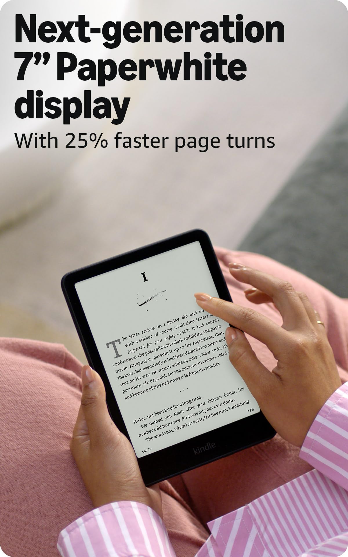 Amazon Kindle Paperwhite screen close-up highlighting crisp text and high contrast.