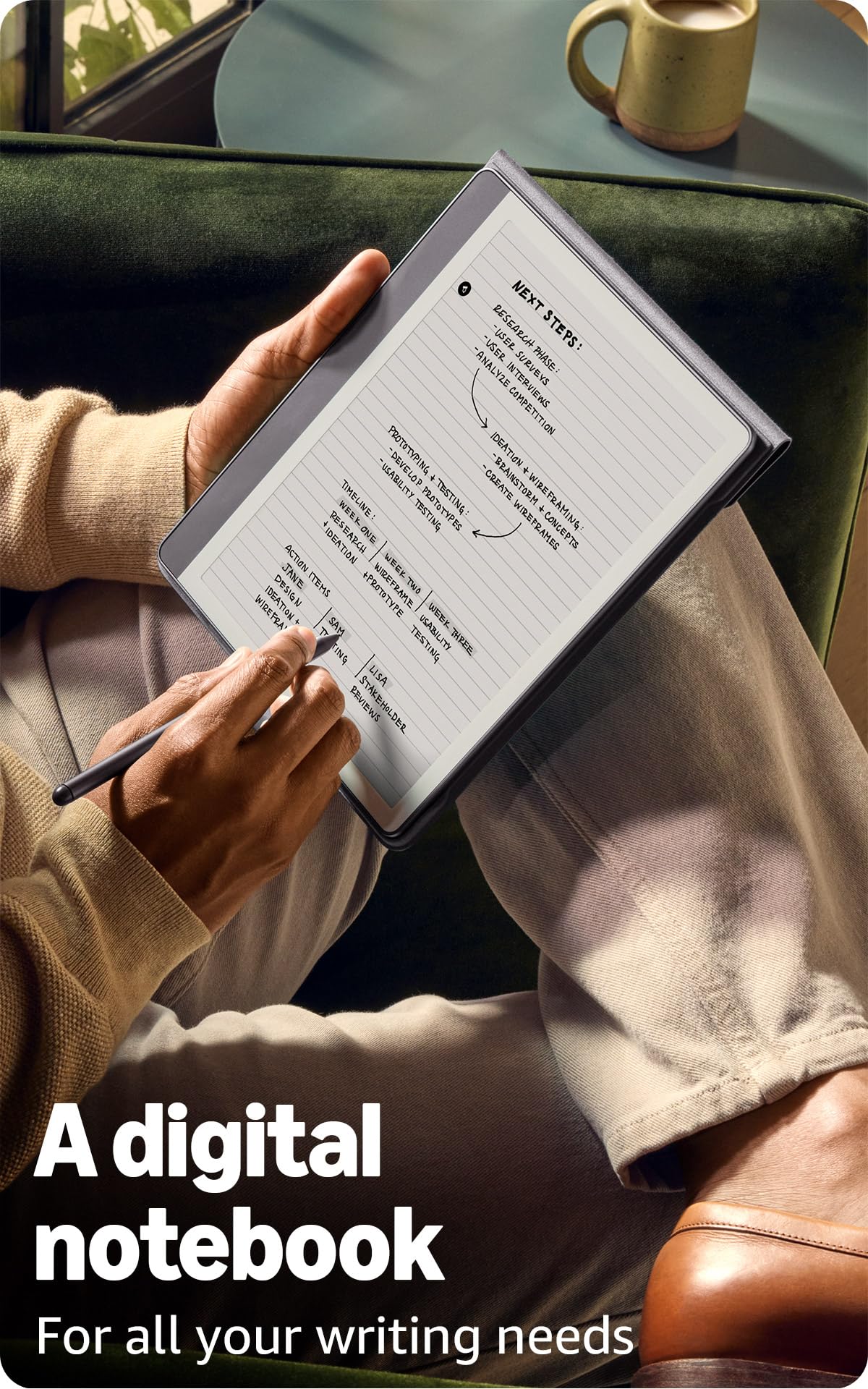 Amazon Kindle Scribe Premium Pen in hand enabling natural handwriting feel