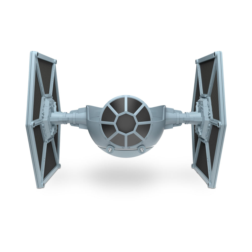Amazon STAR WARS TIE Fighter Stand displays Echo Dot on a stylish desk setup.