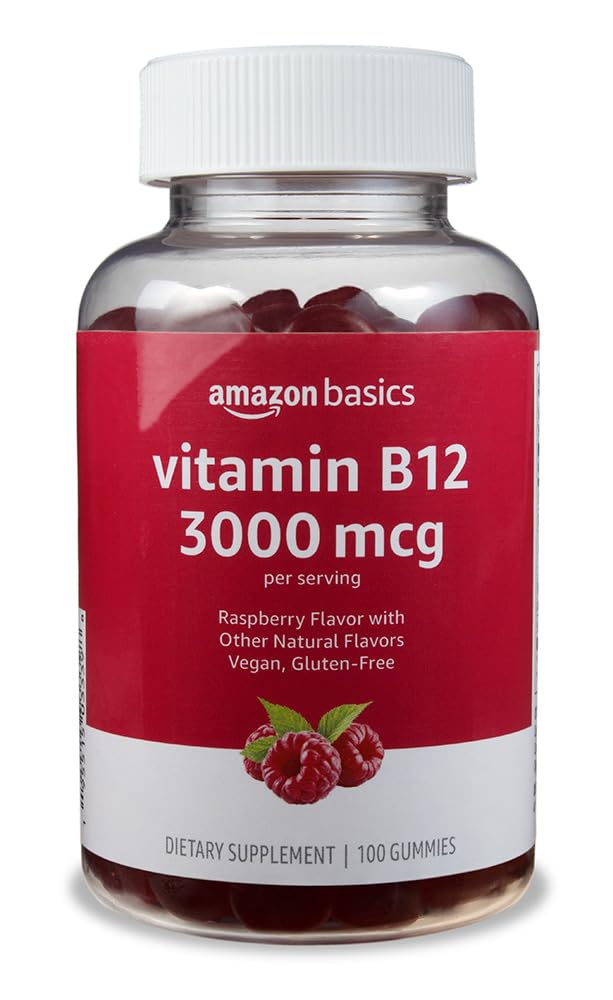 Amazon Basics Vitamin B12 Gummies Raspberry bottle promotes convenient energy metabolism.