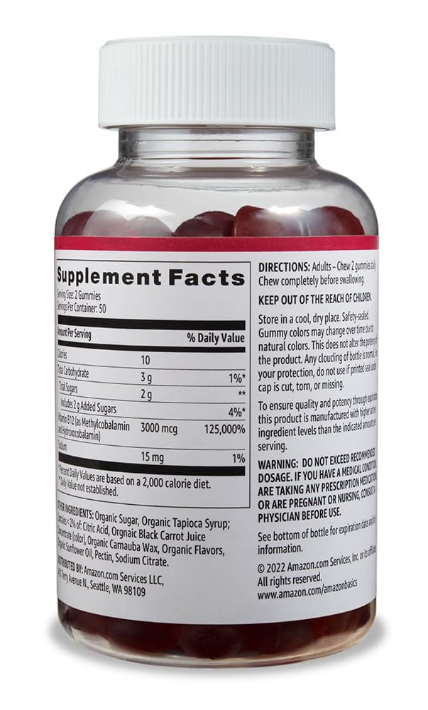 Amazon Basics Vitamin B12 Raspberry gummy close-up shows vegan texture and daily energy support.