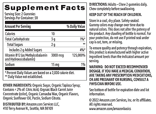 Amazon Basics Vitamin B12 Raspberry label highlights vegan and gluten-free features.