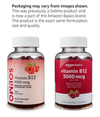 Amazon Basics Vitamin B12 Raspberry packaging shows a two-pack for ongoing energy support.