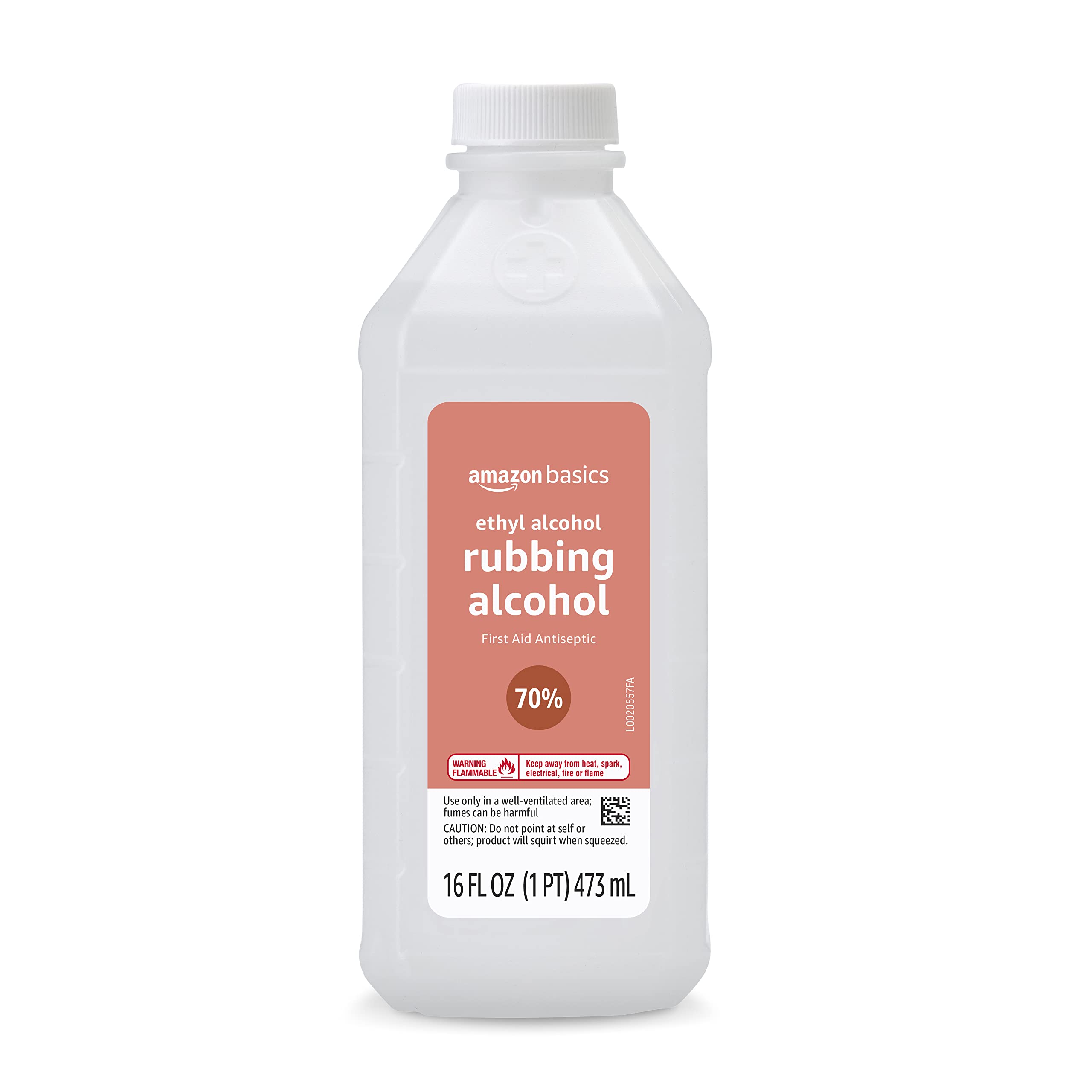 Amazon Basics 16oz bottle of ethyl rubbing alcohol for quick sanitizing.