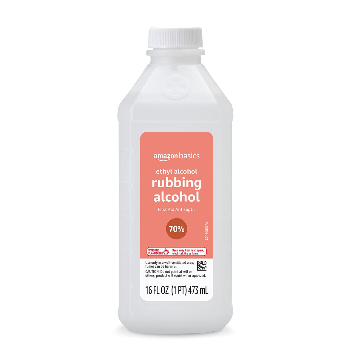 Amazon Basics 16oz bottle of ethyl rubbing alcohol for quick sanitizing.