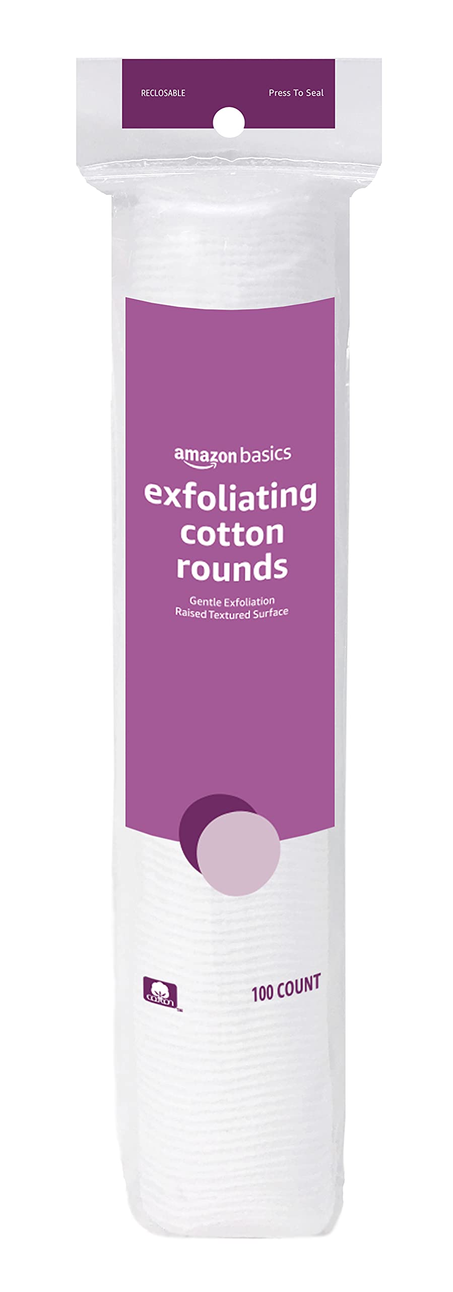 Dual-sided cotton rounds with raised texture for gentle exfoliation on Amazon Basics