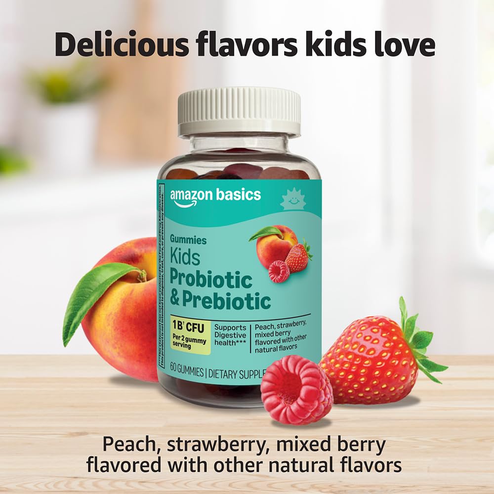 Amazon Basics Kids Probiotic Gummy serving with peach and berry flavors