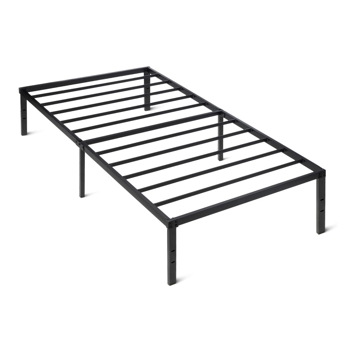 Amazon Basics metal bed frame side view highlighting sturdy 11-leg support for stable sleep.