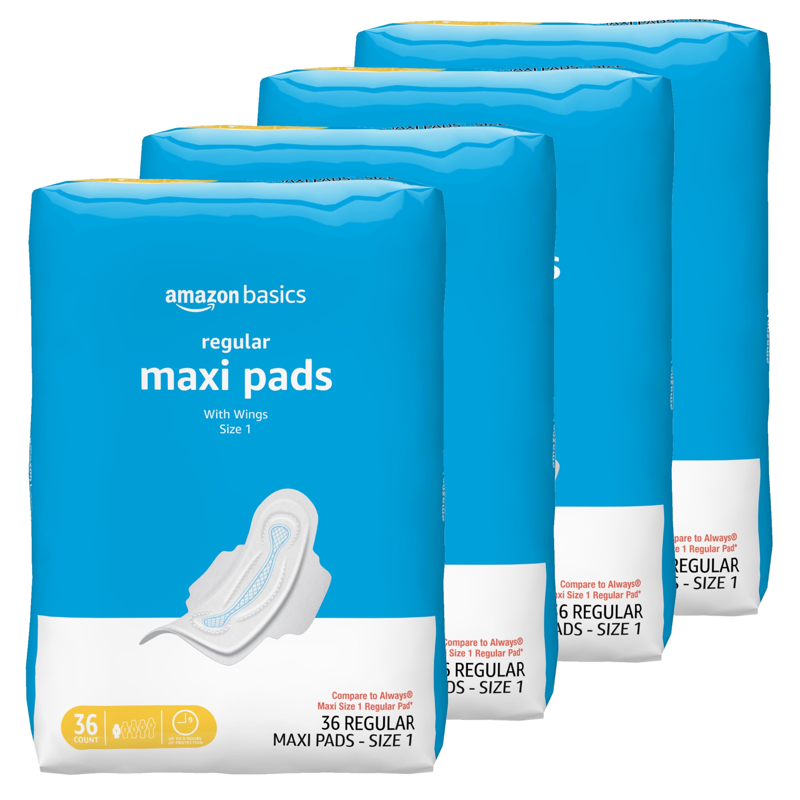 Amazon Basics thick maxi pads with wings packaging for regular absorbency