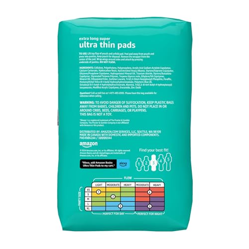 Amazon Basics Ultra Thin Pads with Flexi-Wings, extra long view, extended coverage for night use.