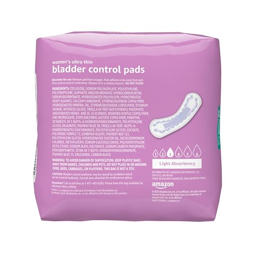 Amazon Basics pads back view showing 30-count box and light absorbency.