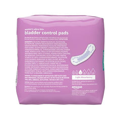 Amazon Basics pads back view showing 30-count box and light absorbency.