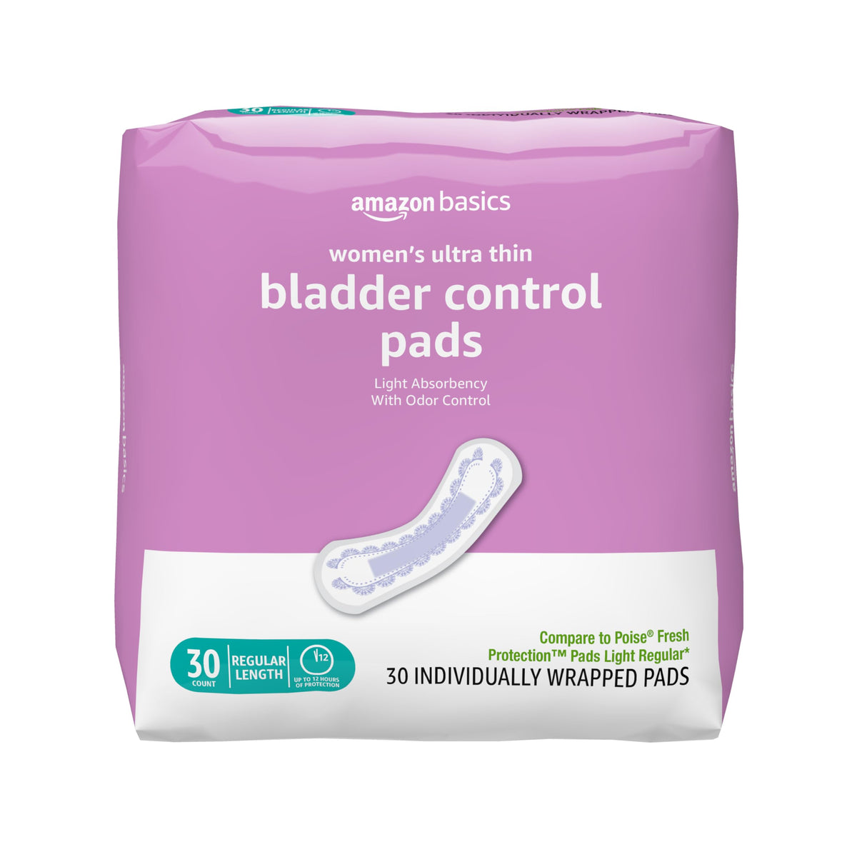 Amazon Basics Women's Incontinence Pads front view on pack for discreet daily protection.