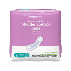 Amazon Basics Women's Incontinence Pads front view on pack for discreet daily protection.