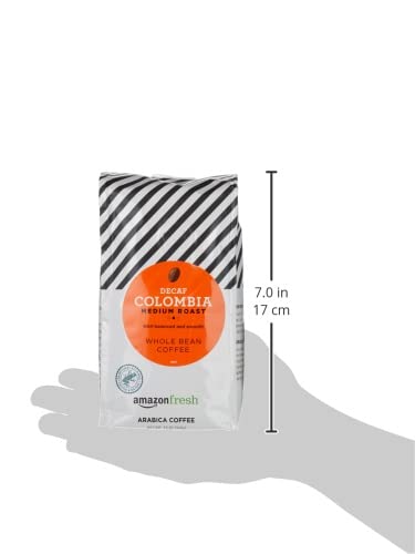 Amazon Fresh Decaf Colombia brewed cup with cocoa notes.