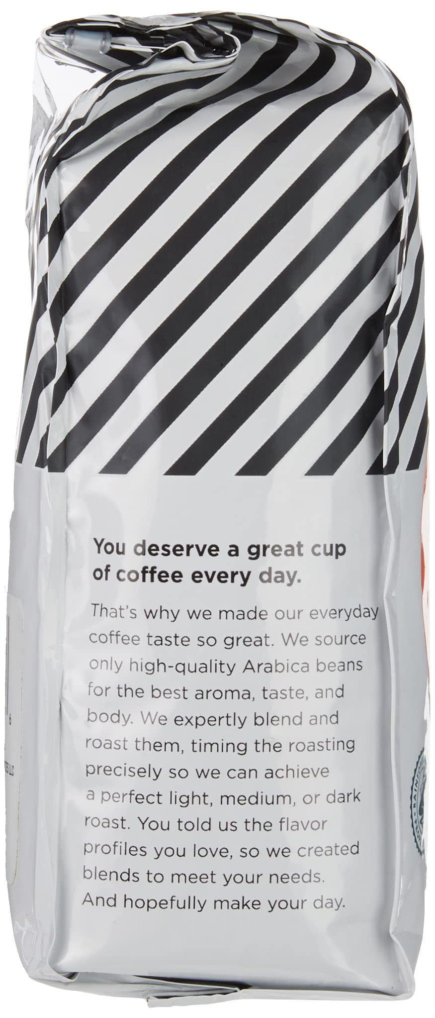 Amazon Fresh Decaf Colombia bag on counter emphasizes freshness and USA roasting.