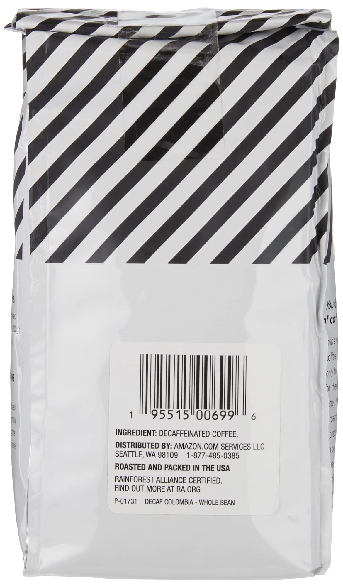 Amazon Fresh Decaf Colombia brew cup with steam highlights citrus aroma and smooth finish.