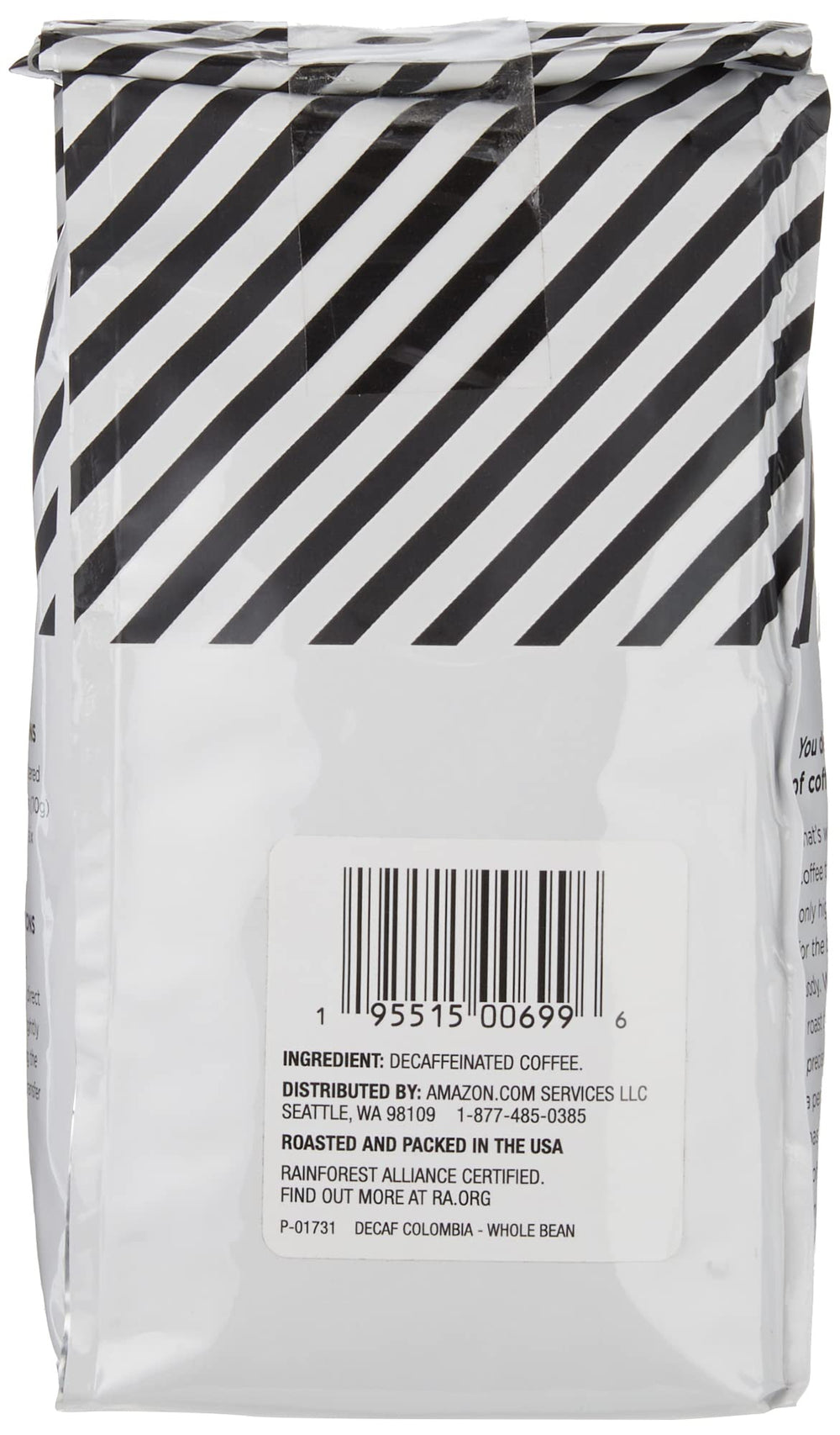 Amazon Fresh Decaf Colombia brew cup with steam highlights citrus aroma and smooth finish.