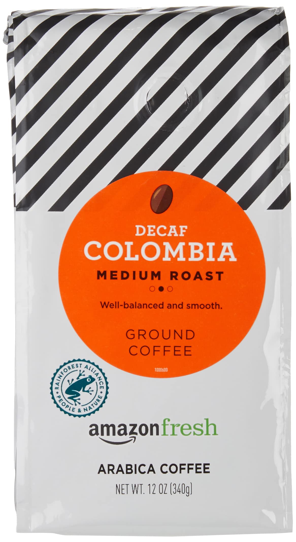 AmazonFresh Decaf Colombia coffee bag showing balanced full-bodied flavor.