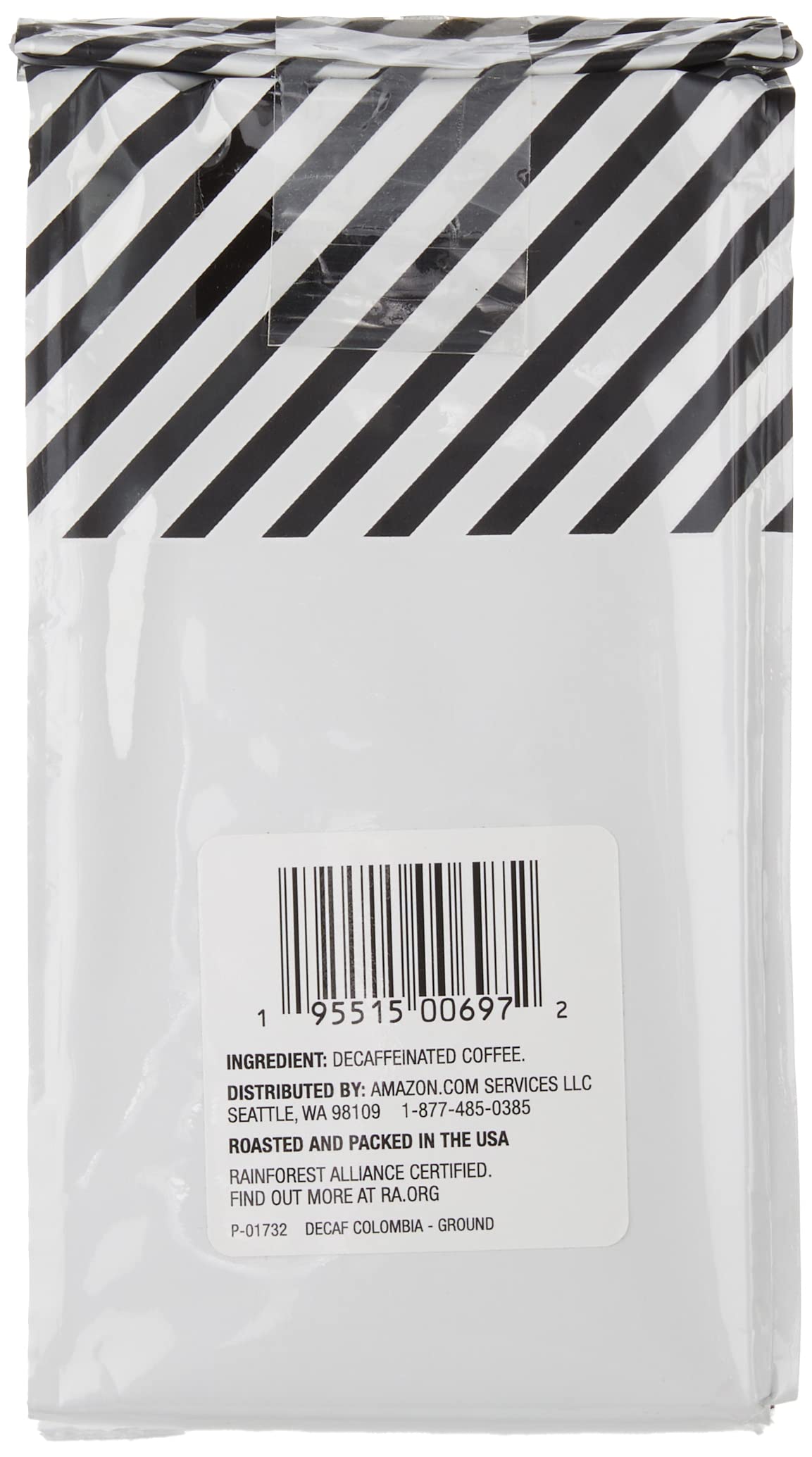 Steaming cup of AmazonFresh Decaf Colombia highlights smooth finish.