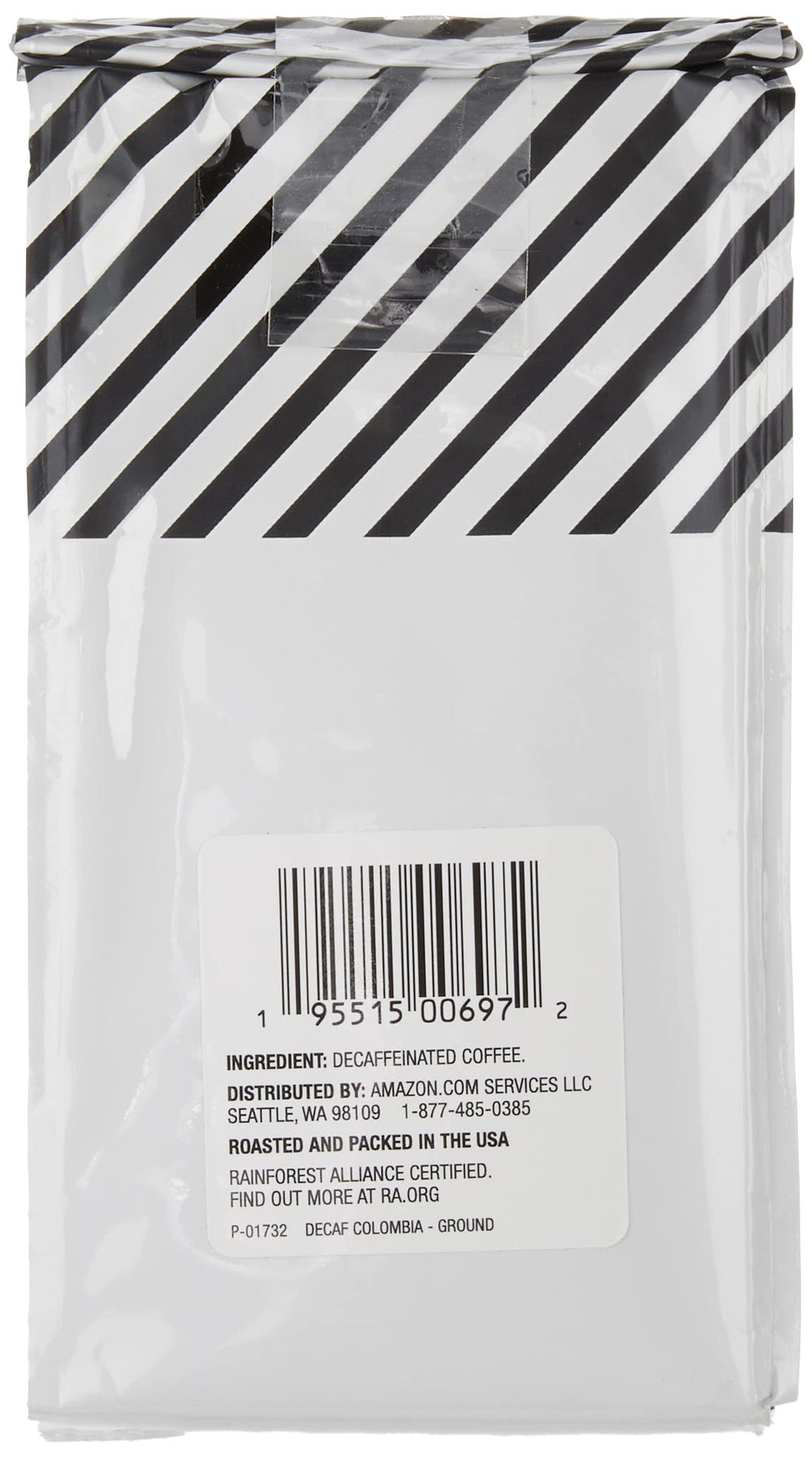 Steaming cup of AmazonFresh Decaf Colombia highlights smooth finish.