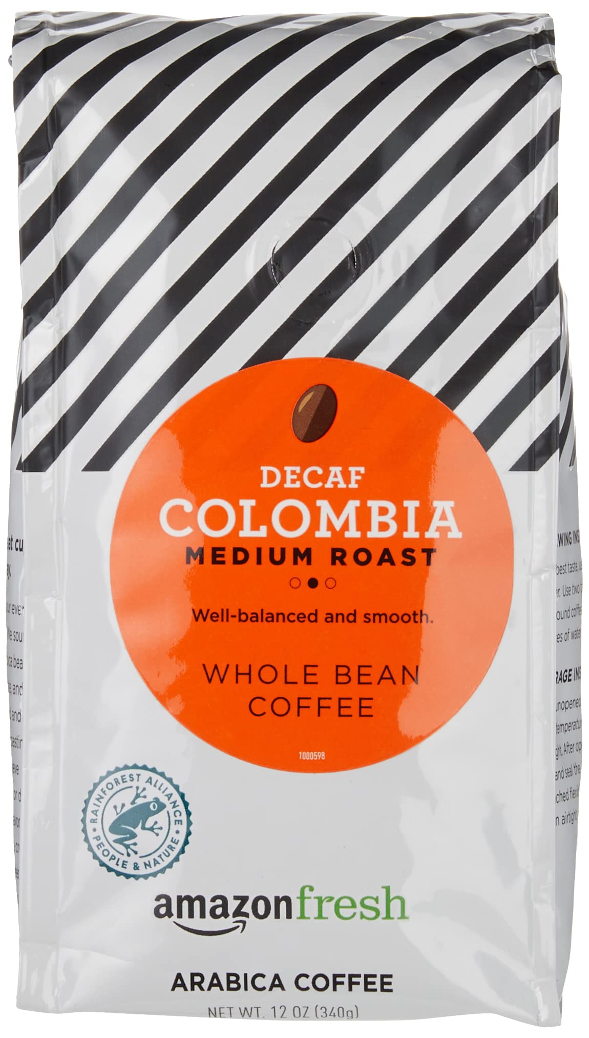 Amazon Fresh Decaf Colombia whole bean 3-pack on counter for convenient mornings.