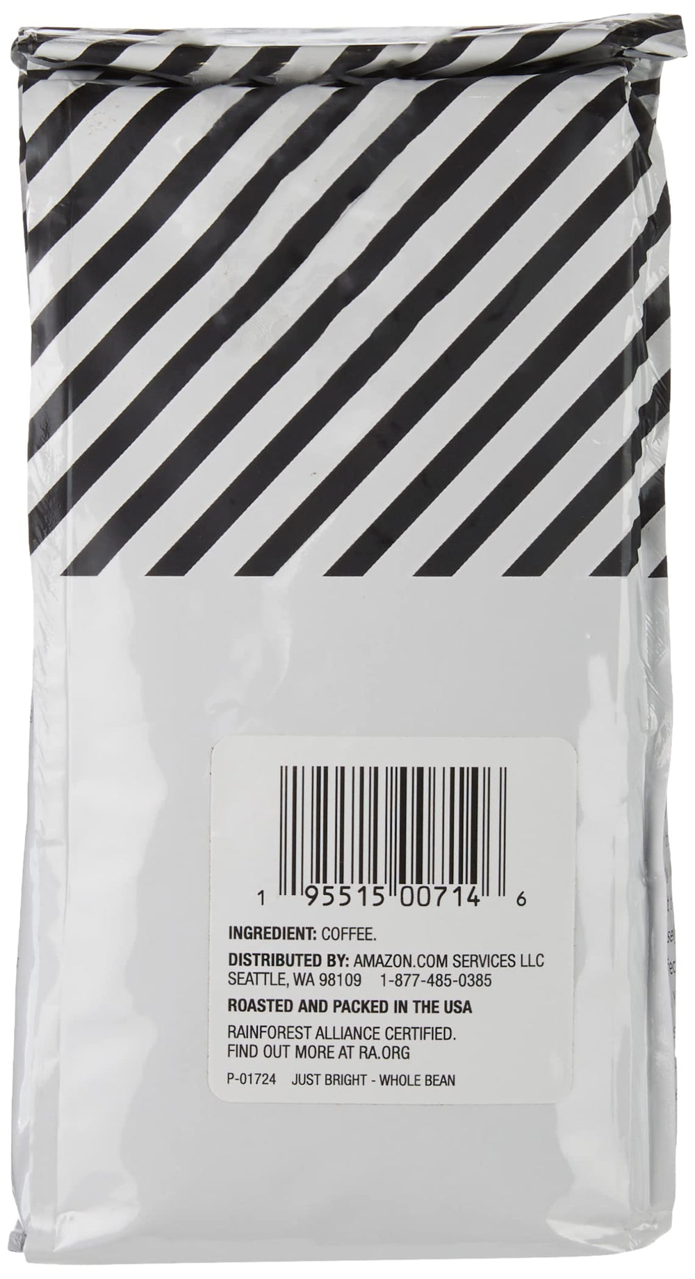 Amazon Fresh Just Bright 12-ounce bag highlighting 100% Arabica beans.