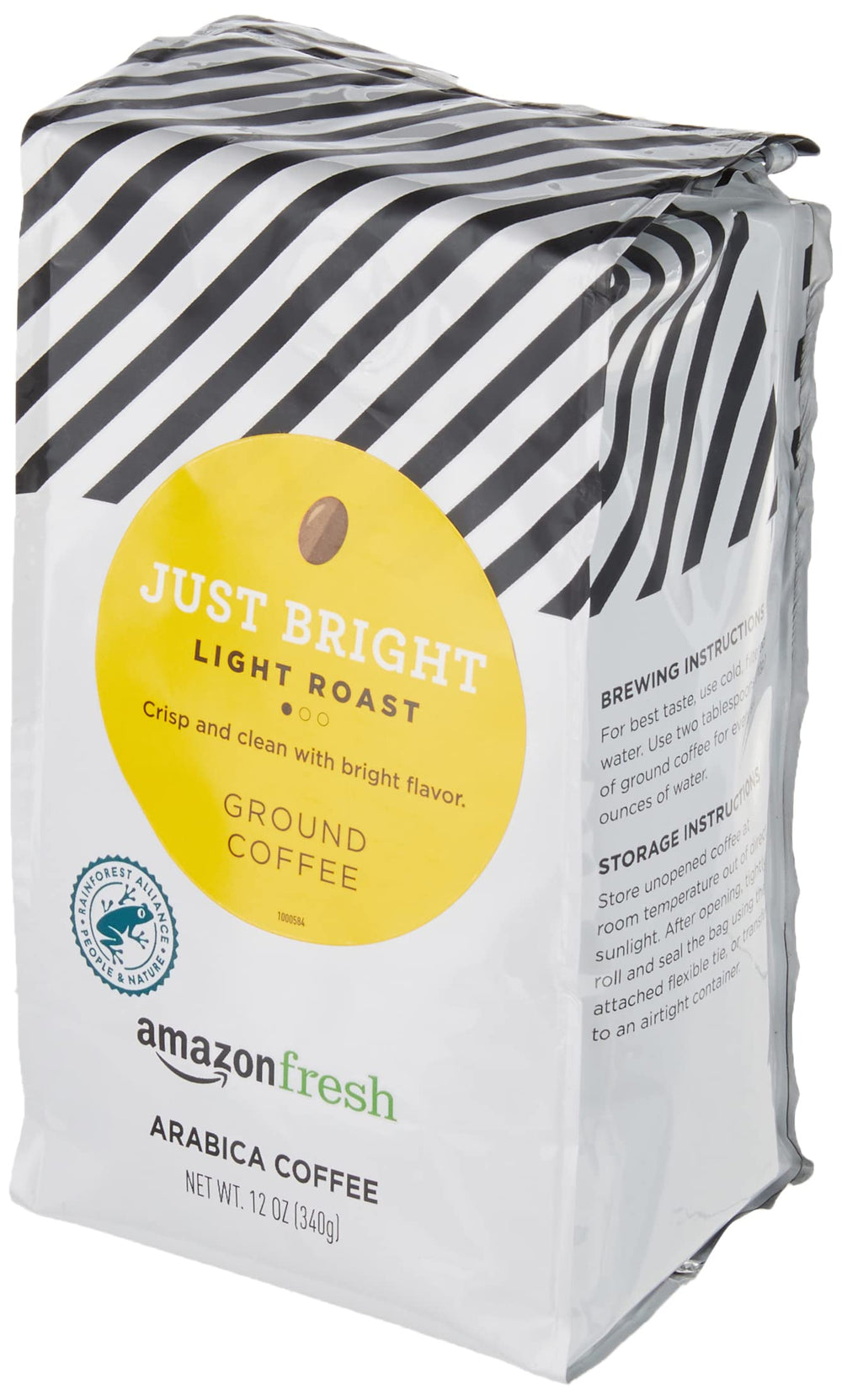Amazon Fresh Just Bright ground coffee grounds close-up for rich morning drip.