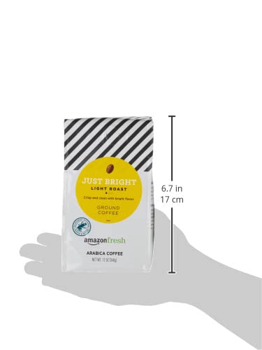 Amazon Fresh Just Bright ground coffee on a shelf display in pantry.