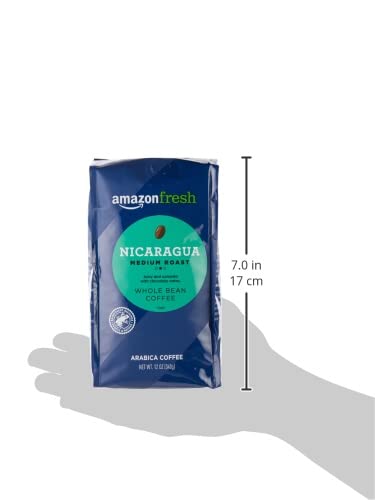 Amazon Fresh Nicaragua coffee bag close-up showing 12 oz size