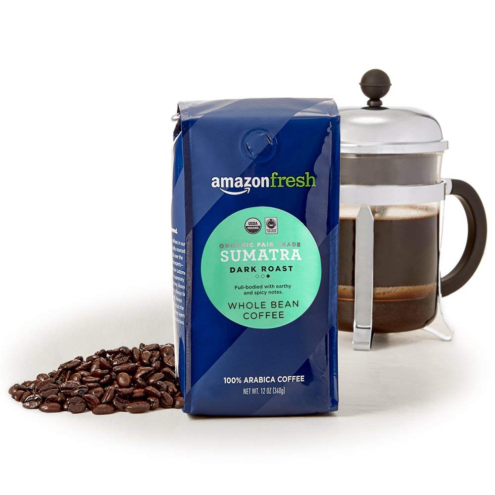 Amazon Fresh Sumatra coffee beans close-up highlighting rich earthy notes.