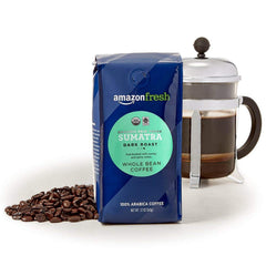 Amazon Fresh Sumatra coffee beans close-up highlighting rich earthy notes.