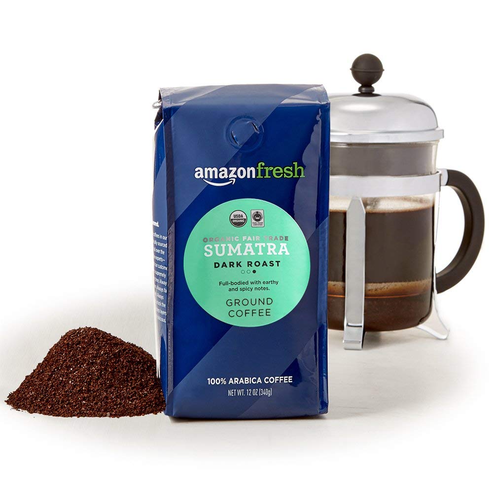 Amazon Fresh Sumatra ground coffee bag shows fresh packaging and 12 oz size.