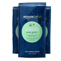 Amazon Fresh Sumatra organic fair trade dark roast whole beans with bold aroma.