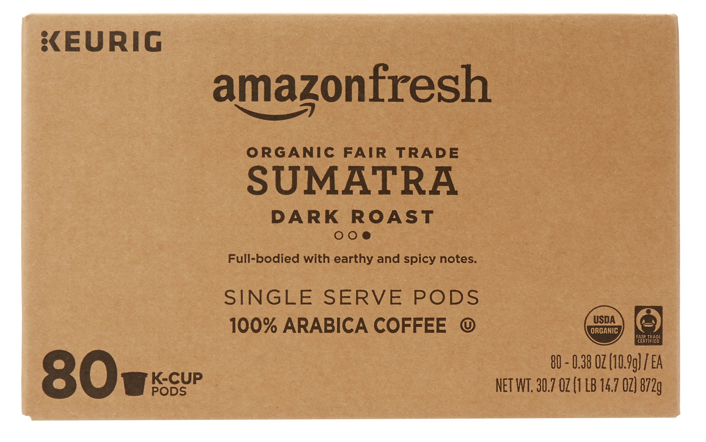 AmazonFresh Sumatra K-Cups packaging; organic and fair trade credentials visible.