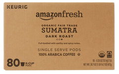 AmazonFresh Sumatra K-Cups packaging; organic and fair trade credentials visible.