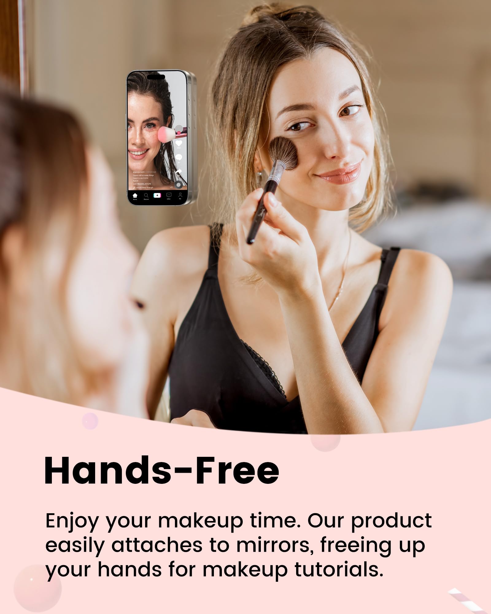 amBand hands-free holder on glass surfaces for easy selfies and calls.