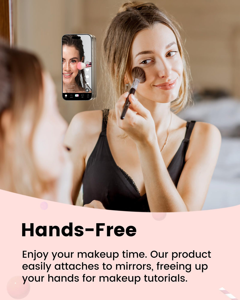amBand hands-free holder on glass surfaces for easy selfies and calls.