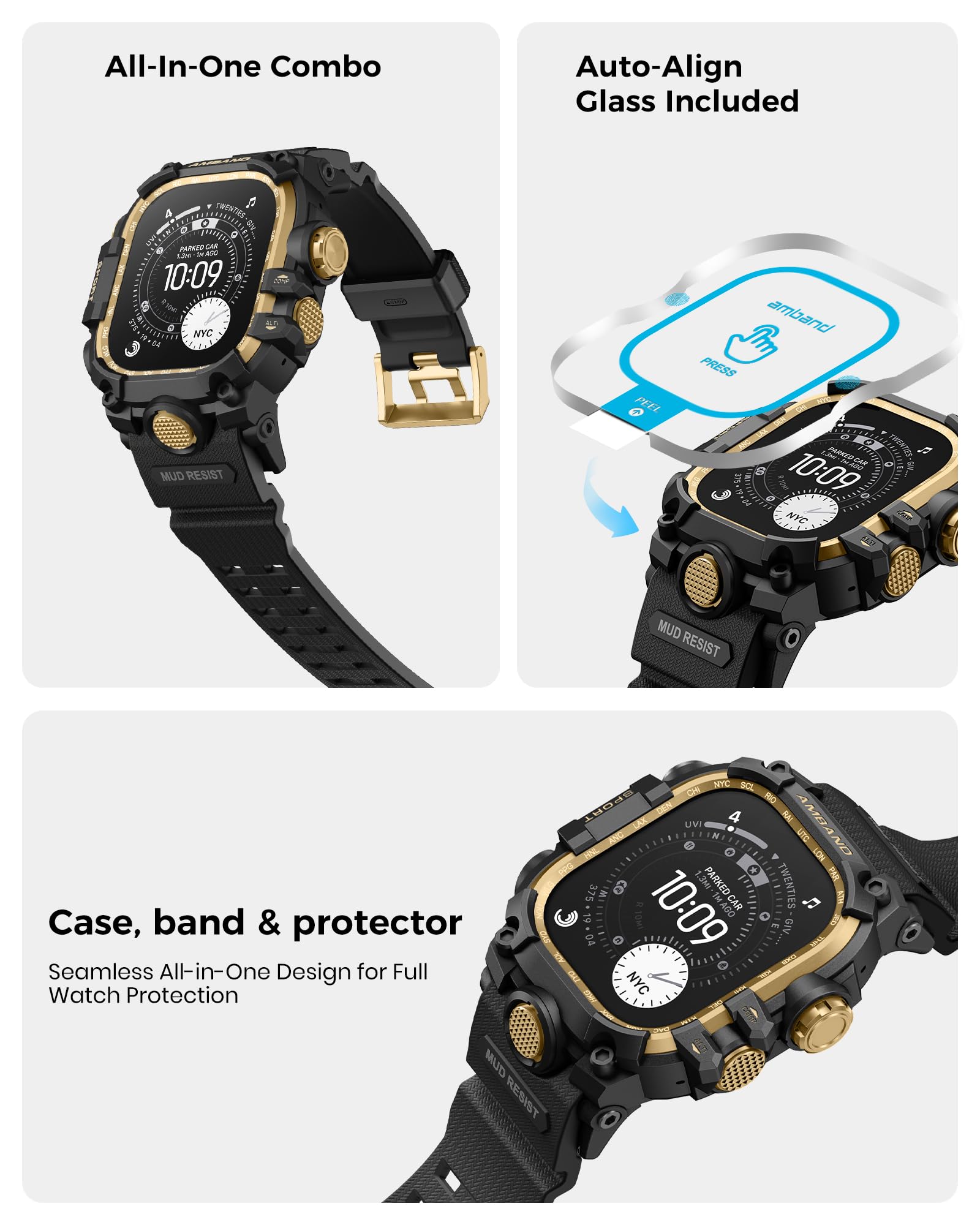 amBand rugged case with tempered glass kit keeps screen clear from smudges.