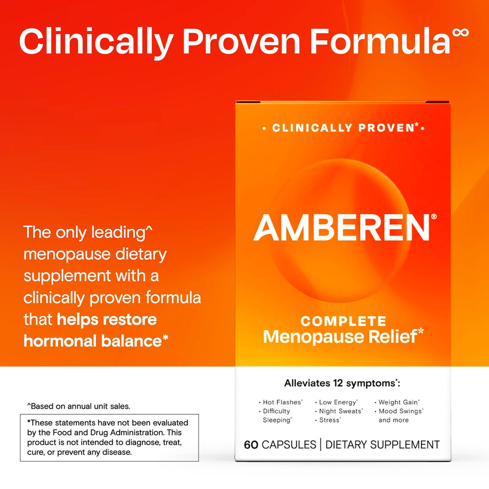 Amberen bottle on nightstand beside water for bedtime relief.