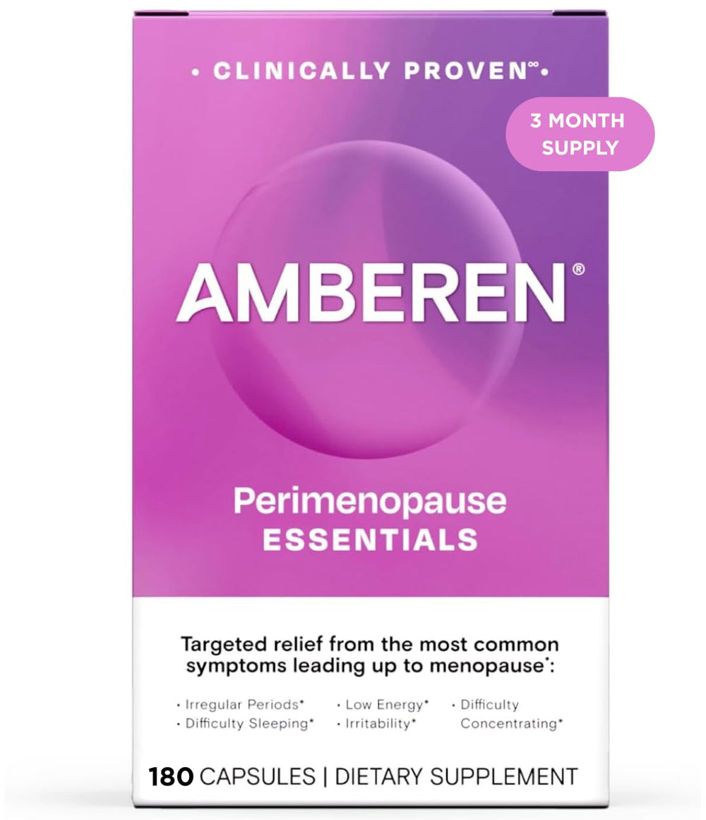 Amberen perimenopause bottle viewed for daily hormone balance support.
