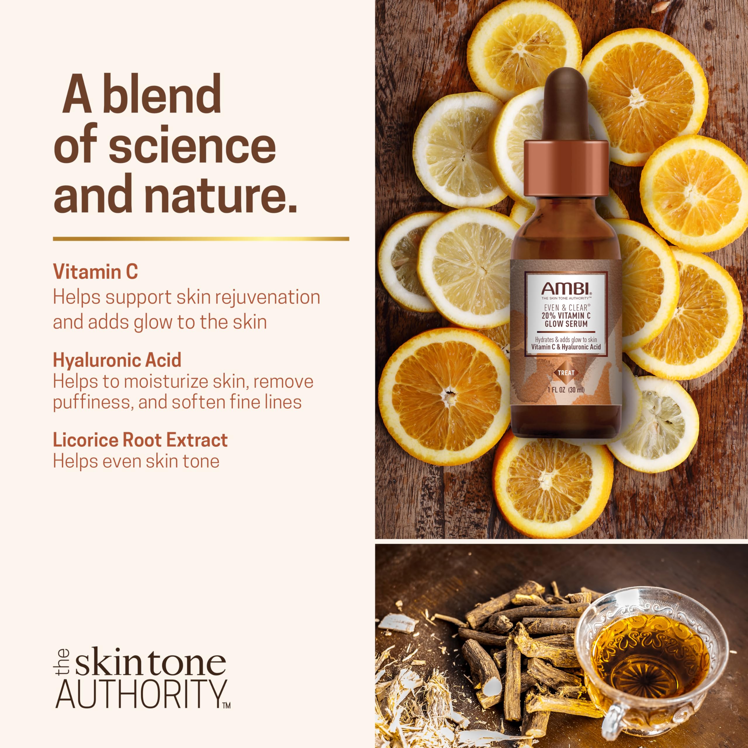 Ambi Even & Clear licorice root extract close-up for brightness support.