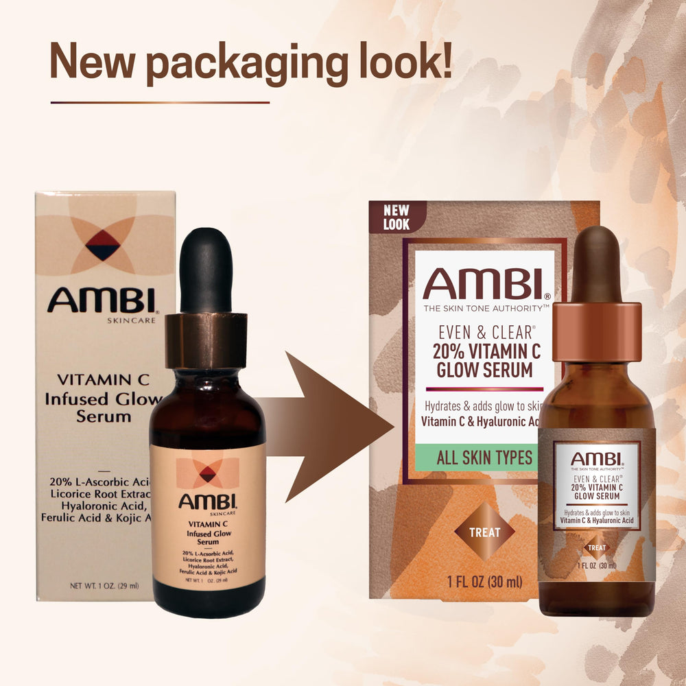 Ambi Even & Clear packaging box shown, travel-ready 1-ounce bottle.