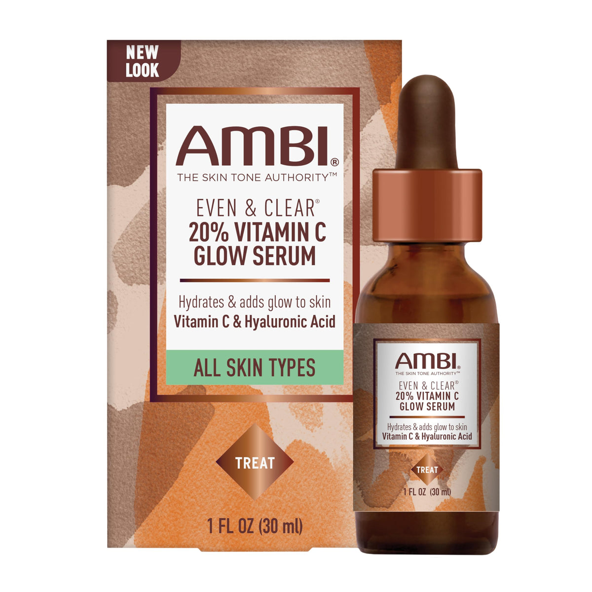 Ambi Even & Clear Vitamin C Glow Serum bottle for brighter, more even-looking skin.