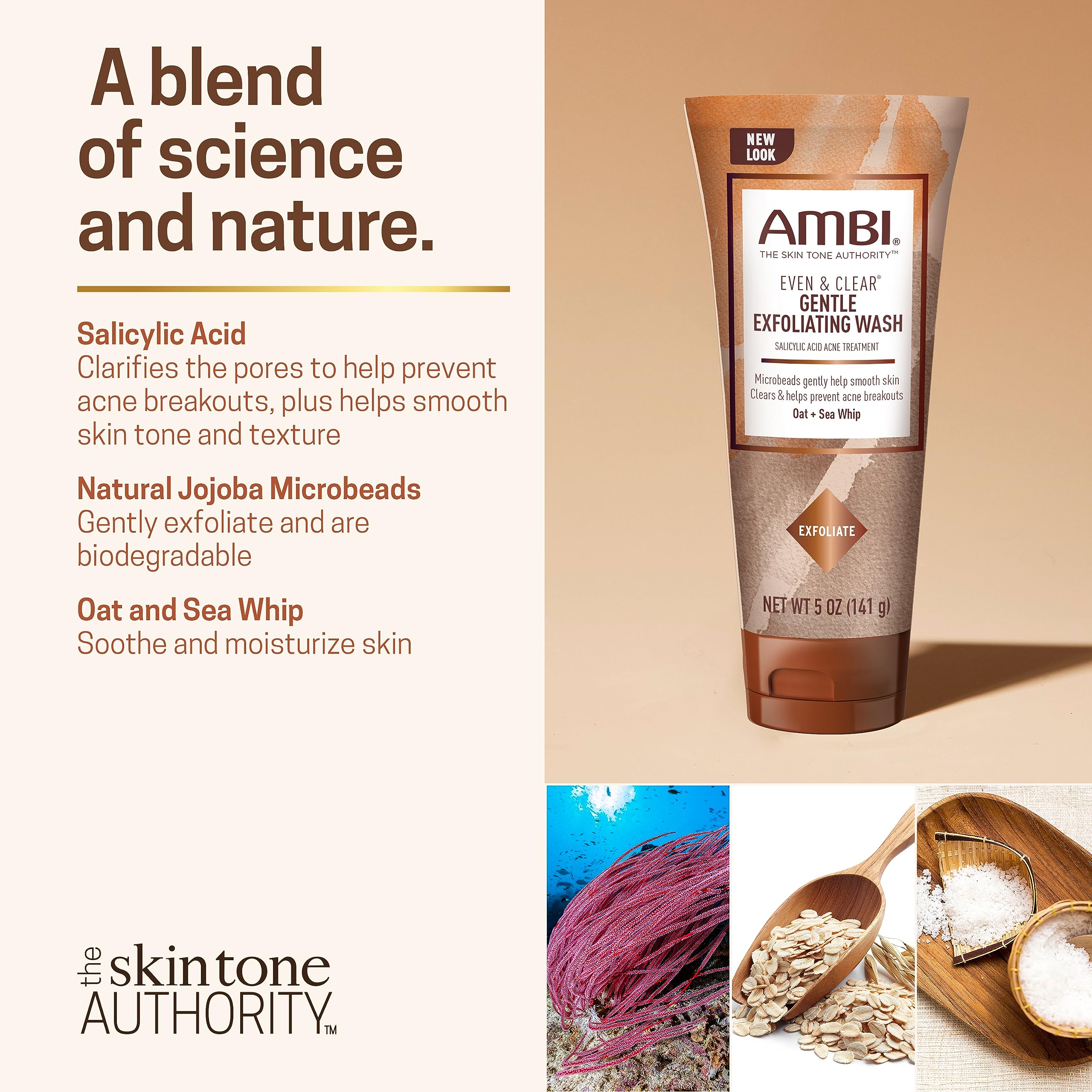 Ambi Even & Clear blends oat and sea whip to soothe and hydrate the skin.
