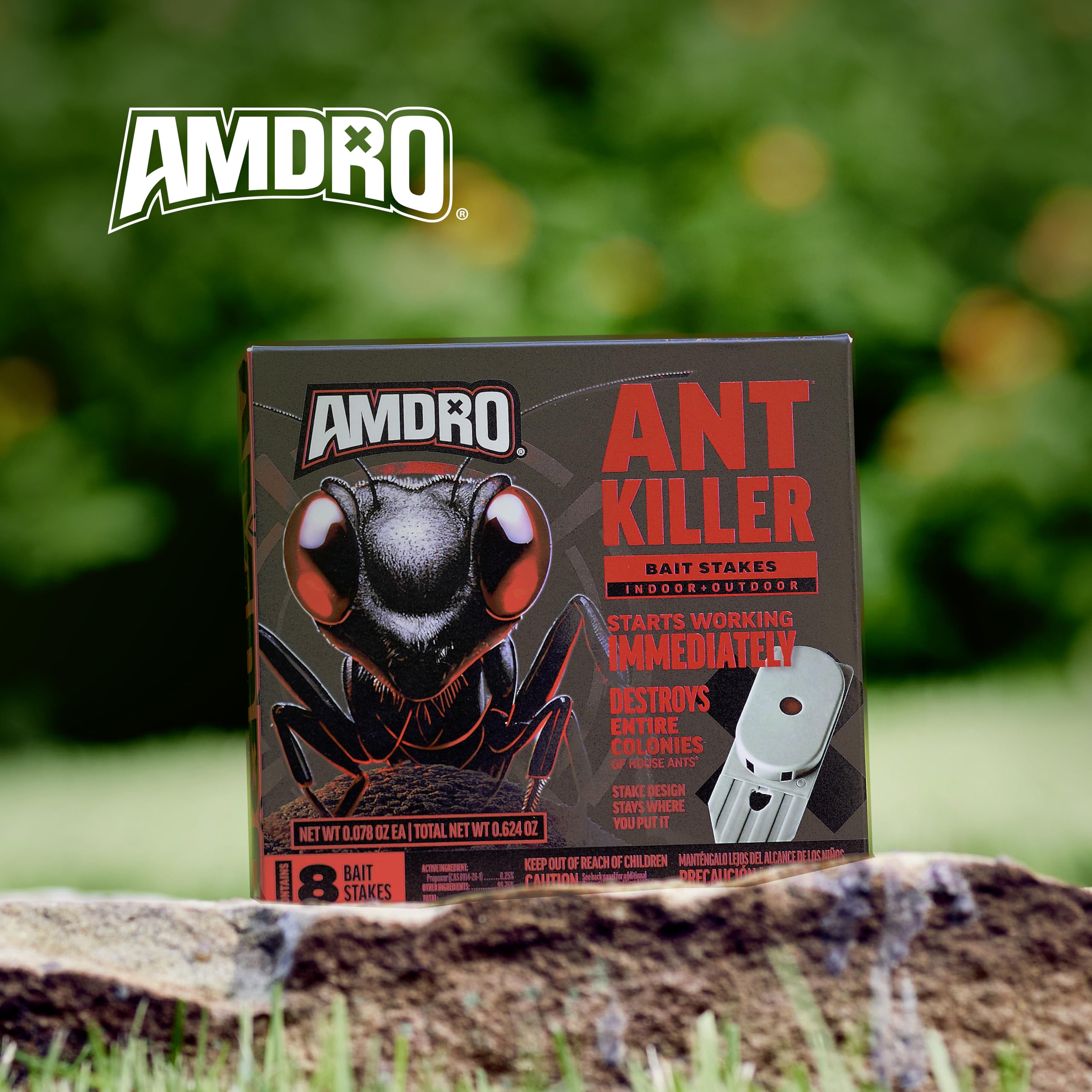 Amdro backyard control with bait stakes reduces ant trails near outdoor living spaces.